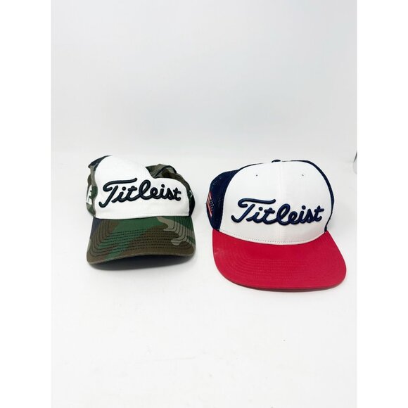 Titleist Lot of 2 USA Flag Tour Snapback Mesh Cap & Tour Cotton Curve Cap Camo - Picture 1 of 8